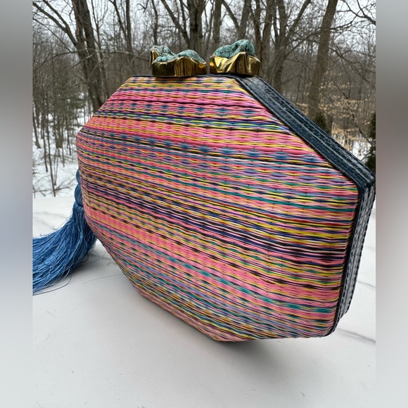 RAFE New York Sofia Octagon Multicolor Hexagonal Clutch Blue Tassel rainbow Bag - Picture 3 of 10